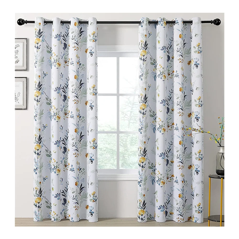 2022 Hot Sale Leaf Printing Design Curtain Polyester Blackout Window Curtain with Eyelets for the Living Room