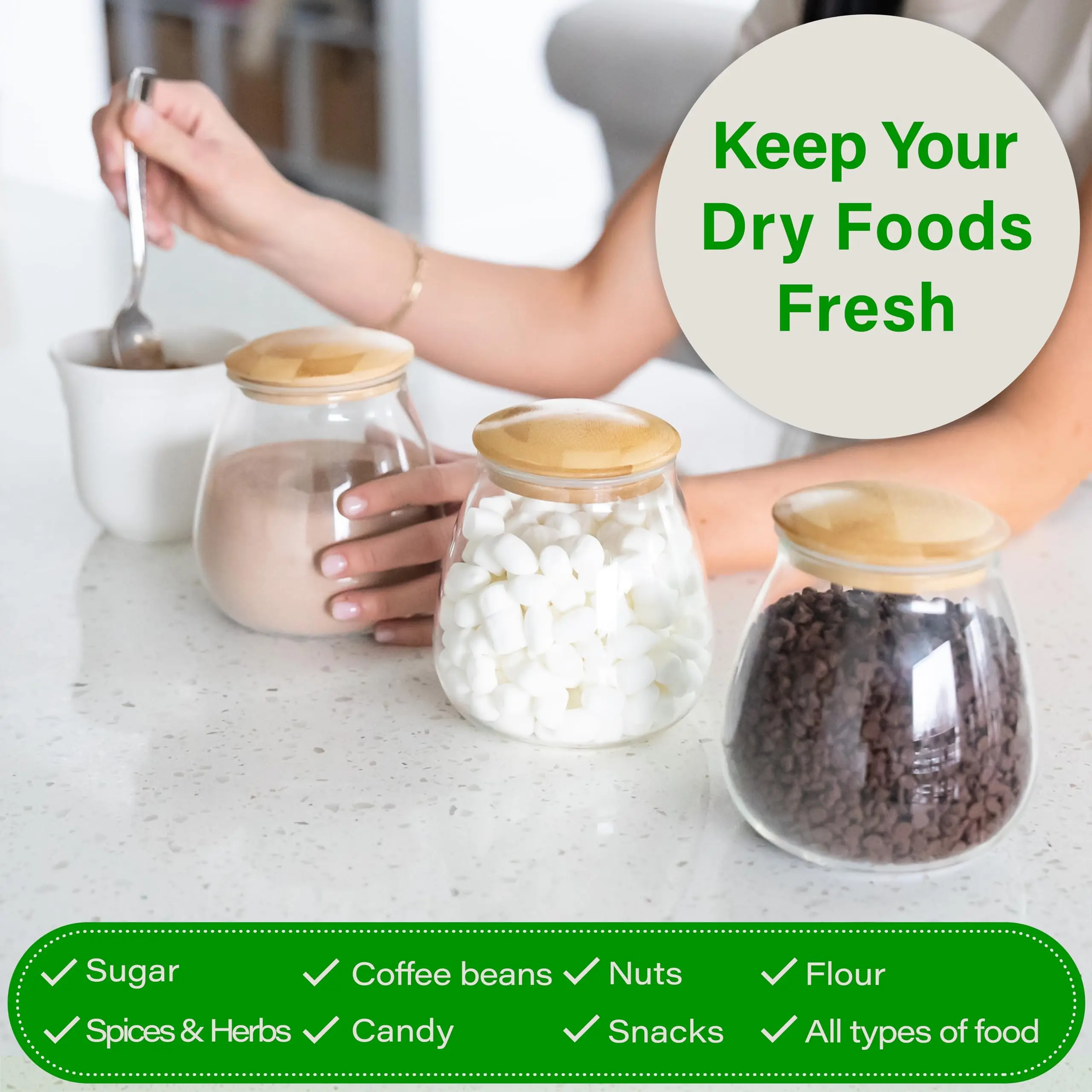 NISEVEN 3pcs/Set 29 Ounce Borosilicate Glass Canisters Moistureproof Food Storage Containers Round Glass Jars With Bamboo Lids