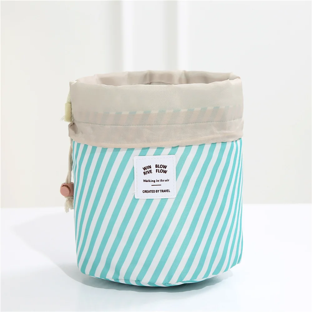 Fashion Barrel Shape Drawstring Toiletry Pouch Bag Printing Oxford Travel Beauty Cosmetic Kit Accessory Makeup Storage Bag