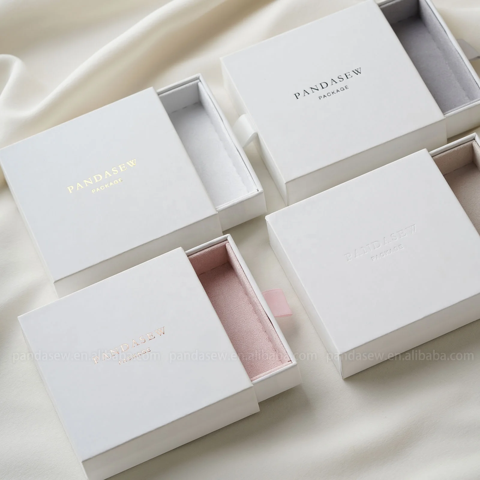PandaSew Luxury Custom Logo Paper Jewelry Packaging Gift Drawer Box for Pendant with Microfiber Jewelry Pouch Insert Pad