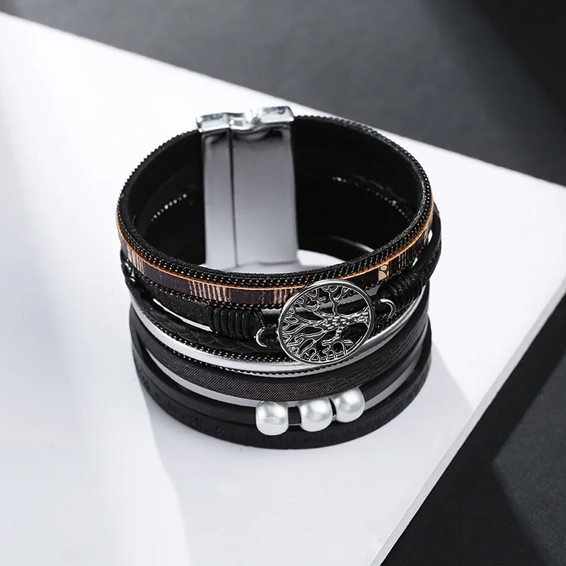 Wholesale Copper Tube Magnetic Buckle Multilayer Life Tree Leather Bracelet Jewelry For Women