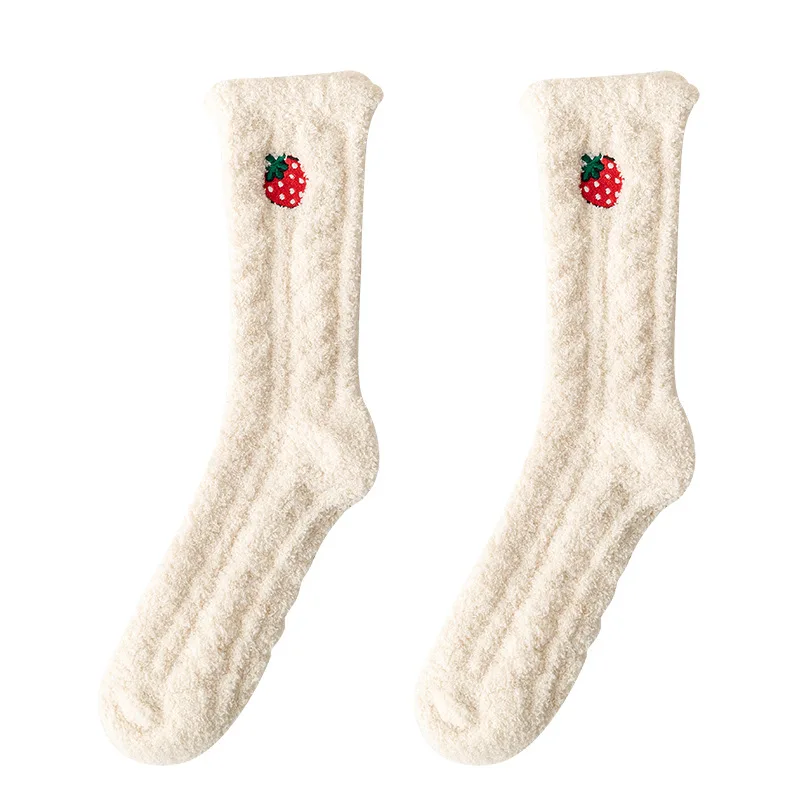 Low MOQ Embroidery Logo Fruit Design Knitted Coral Fleece Home Socks Winter Soft Thick Sleep Bed Socks For Women
