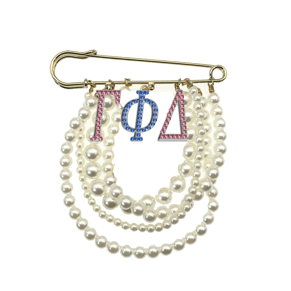 White Pearl Tassel Chain Pink Blue Crystal Brooch For College Greek Sorority Gamma Phi Delta 1943 Fashion Designer Jewelry Pin