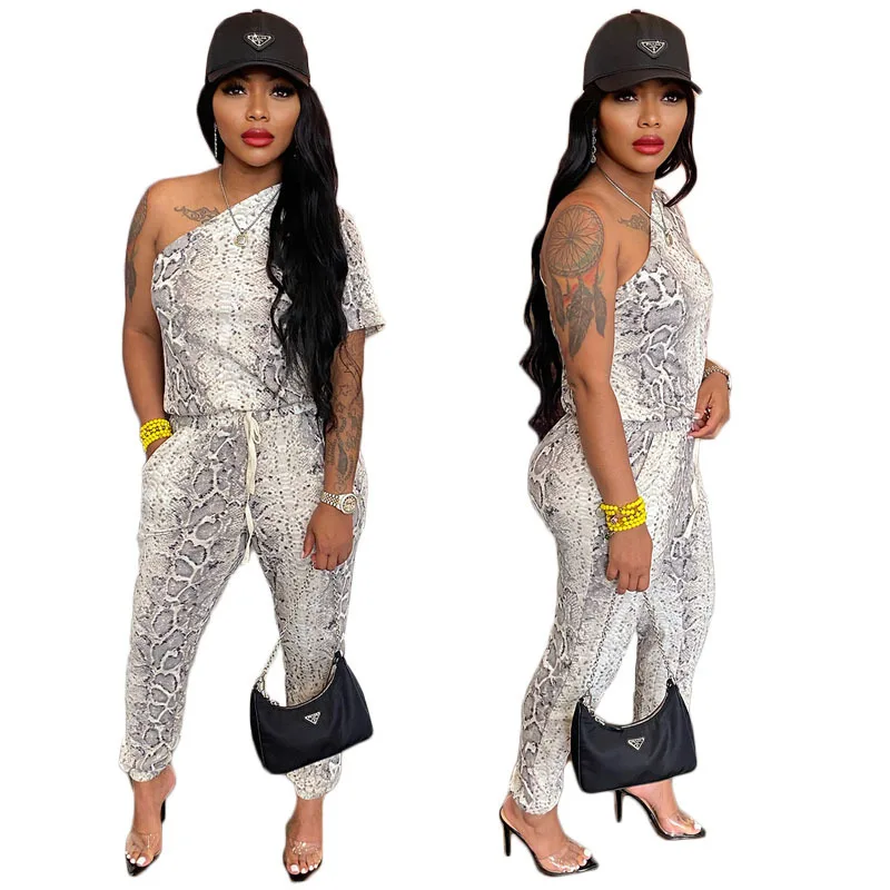RBX Printed Snake Print Slant Diagonal Shoulder One Sleeve Sexy Jumpsuit For Hot Style Low Cut Slim Waist Short Set
