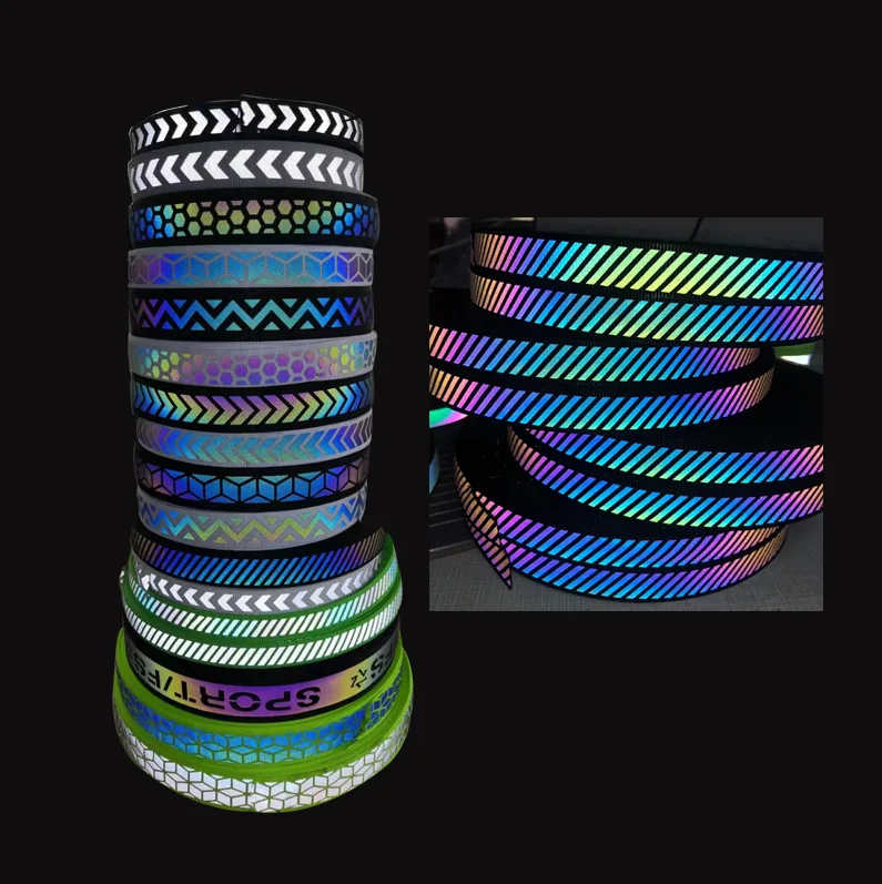 hi-vis 20mm 25mm custom logo pattern tape iridescent reflective ribbon iron rainbow colorful pet dog leash night collar webbing