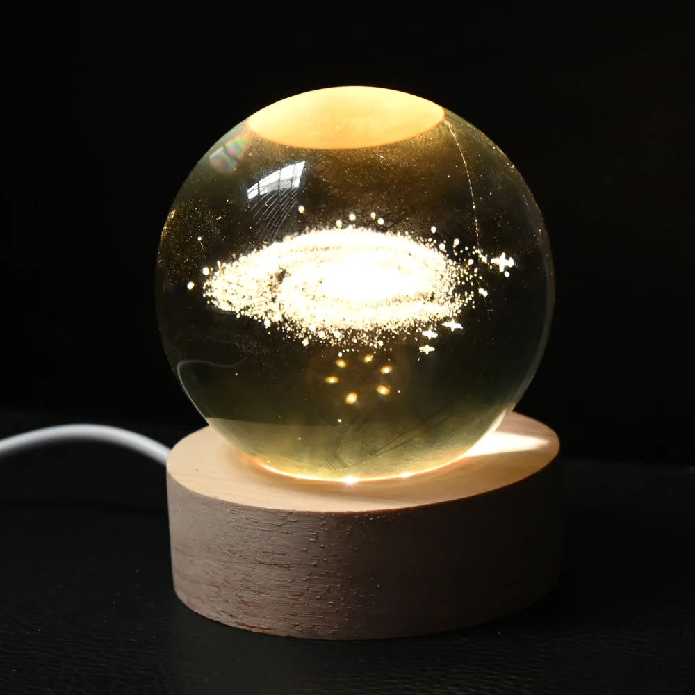 Engraved Illusion Wood Base Luminous Crystal Ball Crafts Birthday Gifts 3D Nebula Solar Artwork Night Light Lamp Home Decor