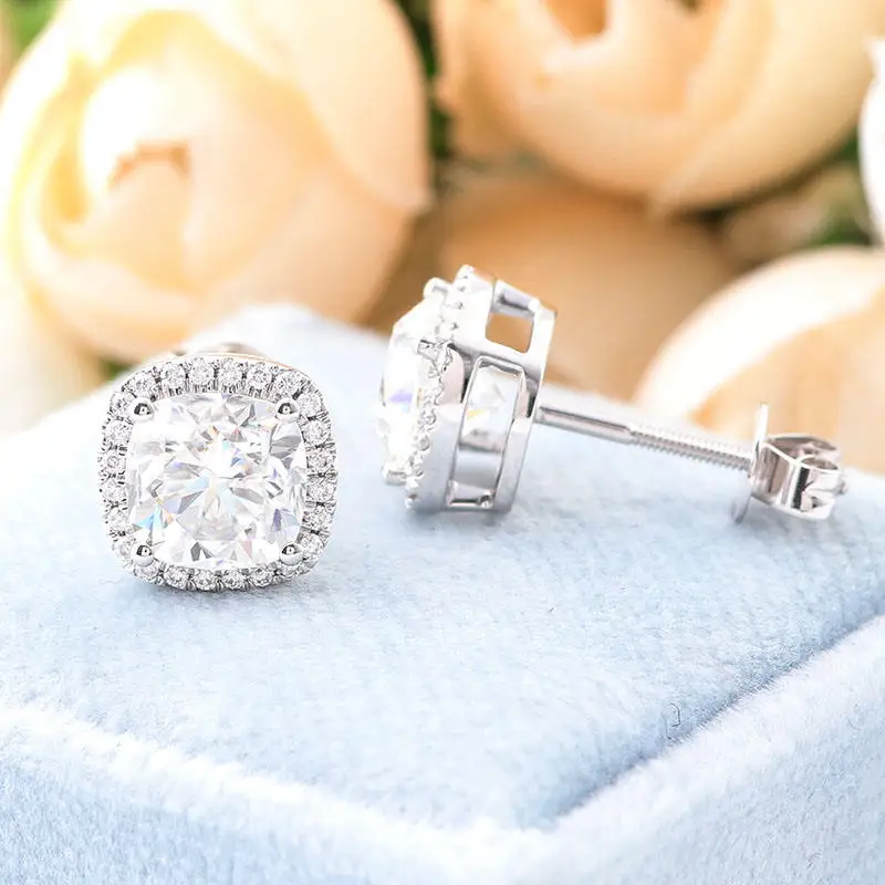 Fine Jewelry GRA Certified 10k/14k/18k Real Gold Def Color 1.5ct Cushion Cut Moissanite Screw Back Halo Stud Earrings For Women
