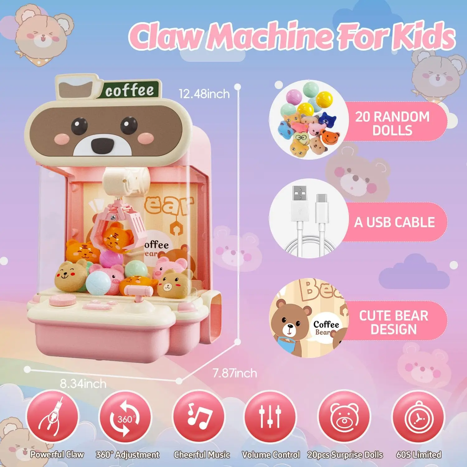 Claw Machine for Kids, Mini Vending Machines Candy Grabber Prize Dispenser Toys for Girls, Electronic Arcade Claw Game