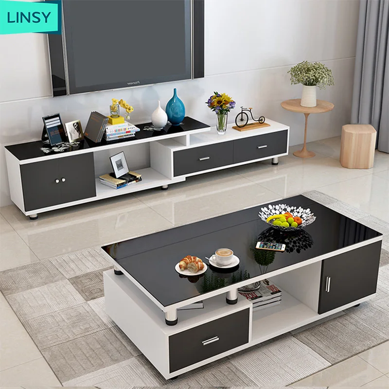 Linsy living room furniture tv stand modern style glossy tv stand and center table with drawer