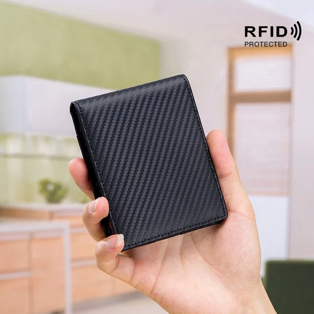 New Design NFC RFID Blocking / Anti-Skimming Slim Leather Carbon Fiber Card Wallet for Men with Money Clip