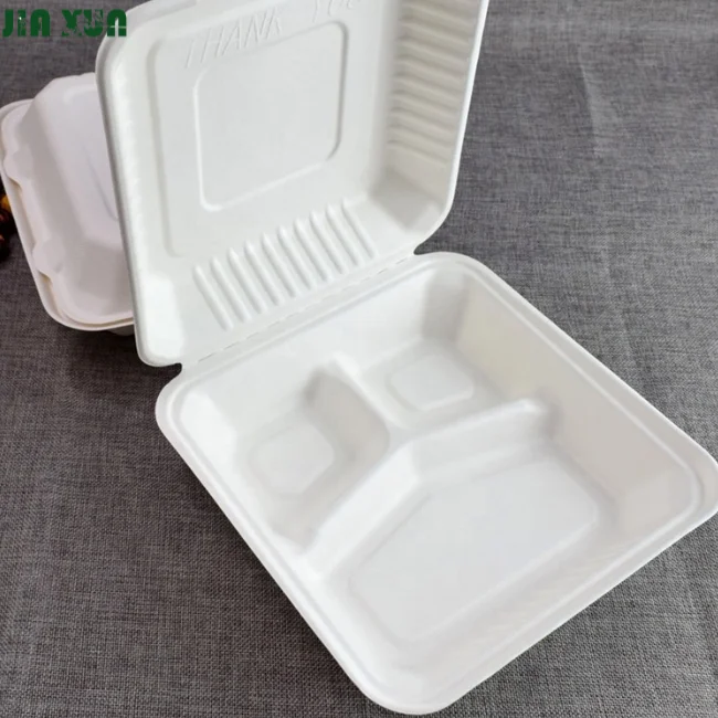 Biodegradable Disposable 8 Inch 3 Compartment Compostable Lunch Box Takeaway Bagasse Clamshell For Restaurant