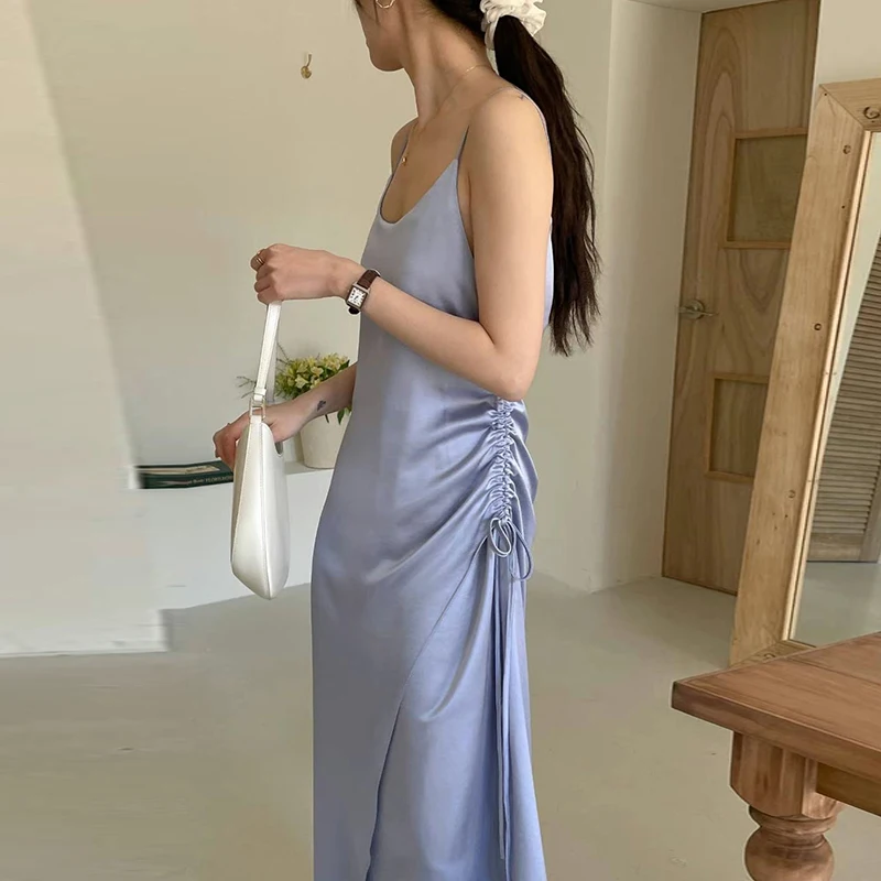 Wholesale 2023 Korean Summer French Elegant Square Neck Pleated Drawstring Lace Up Bowknot Pearly Blue Strap Dress