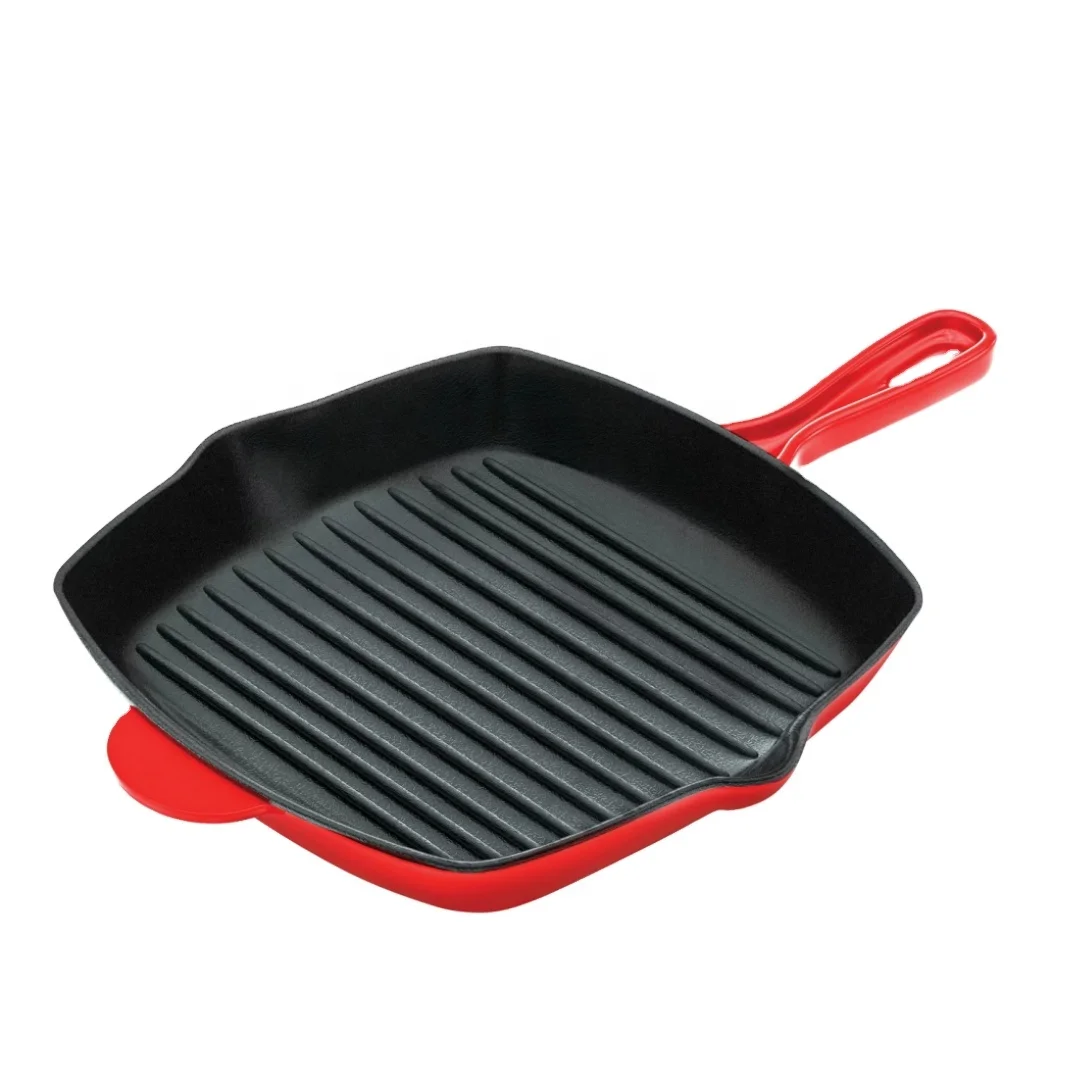 Kitchen non stick enamel cast iron square steak and meat stove top skillet griddle grill pan with ridge 10.5 inch