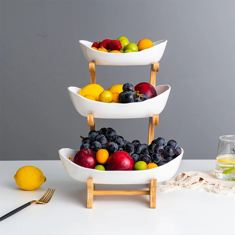 Household Bamboo Wooden Racks 3 Layers Food Container Dish Pottery Ceramic Plate for Salad Vegetable Fruits Nuts Snacks