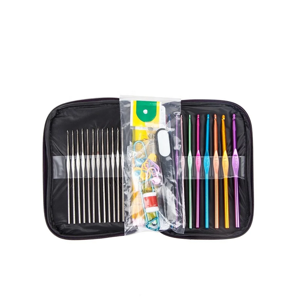 Professional 22pcs Mixed Multi-color Aluminum Handle Crochet Hooks Ergonomic Knitting Needles Weave Yarn Set For Beginners