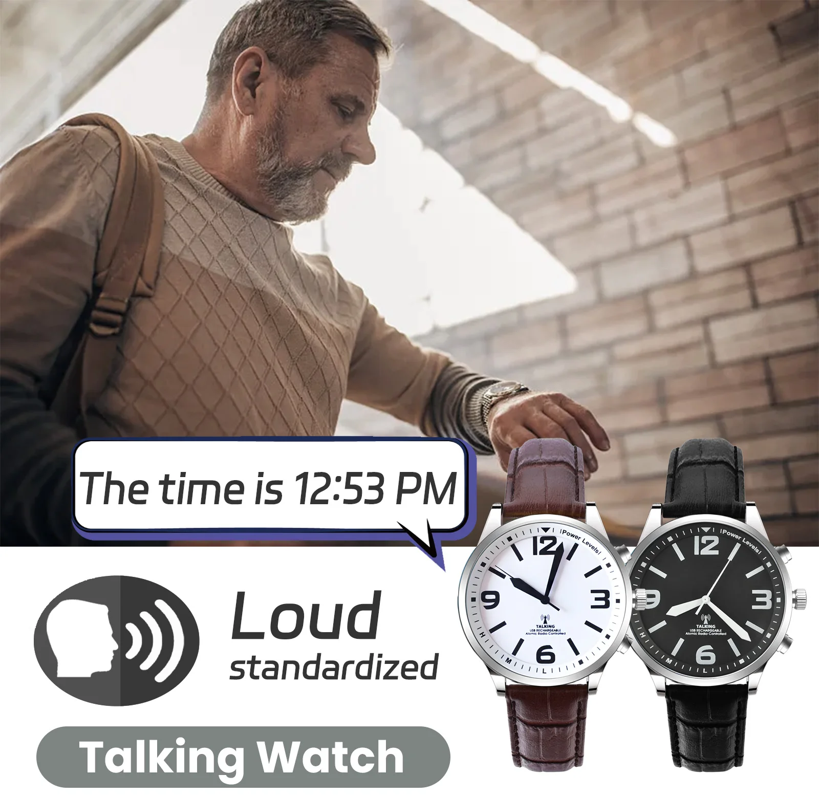 English Atomic Radio Controlled Talking Watch for Unisex Seniors Men Loud Sound Time Day and Date Alarm Clock Visually Impaired