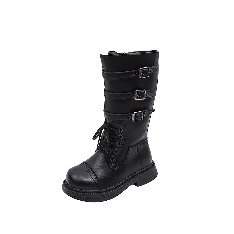 Girls boots 2024 autumn new girls high boots middle and big children girls England style fashion boots high leather