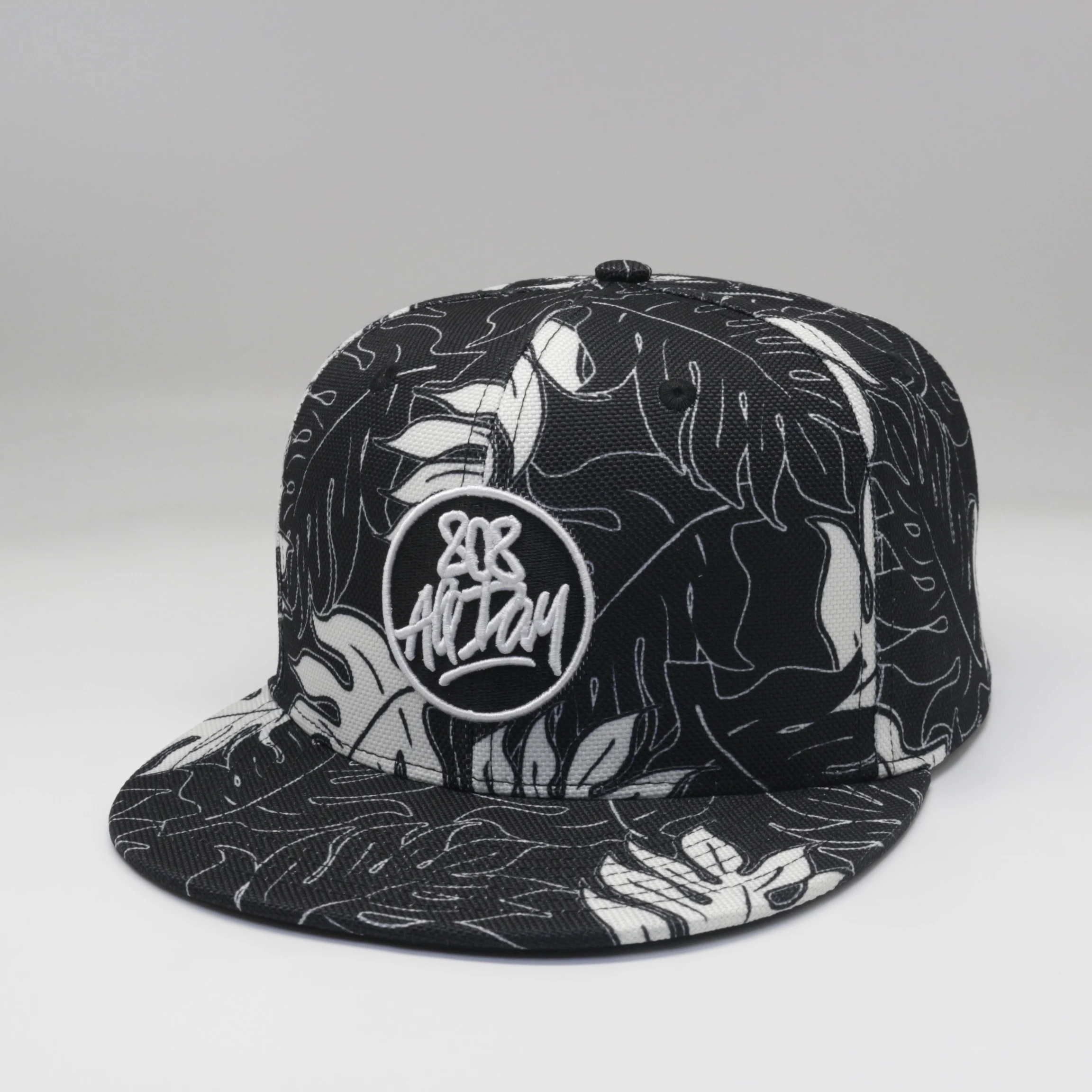 Custom Own Logo Hemp Sublimation Pattern All Over Print Floral 6 Panel Flat Brim Plain Black Snap Back SnapBack Hats
