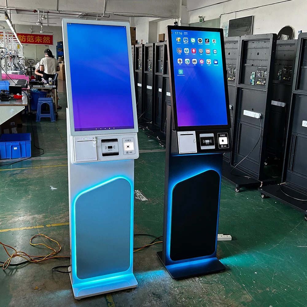 27 inch floor stand android touch screen hotel check in self service payment pos self ordering with printing Camera QR scanner