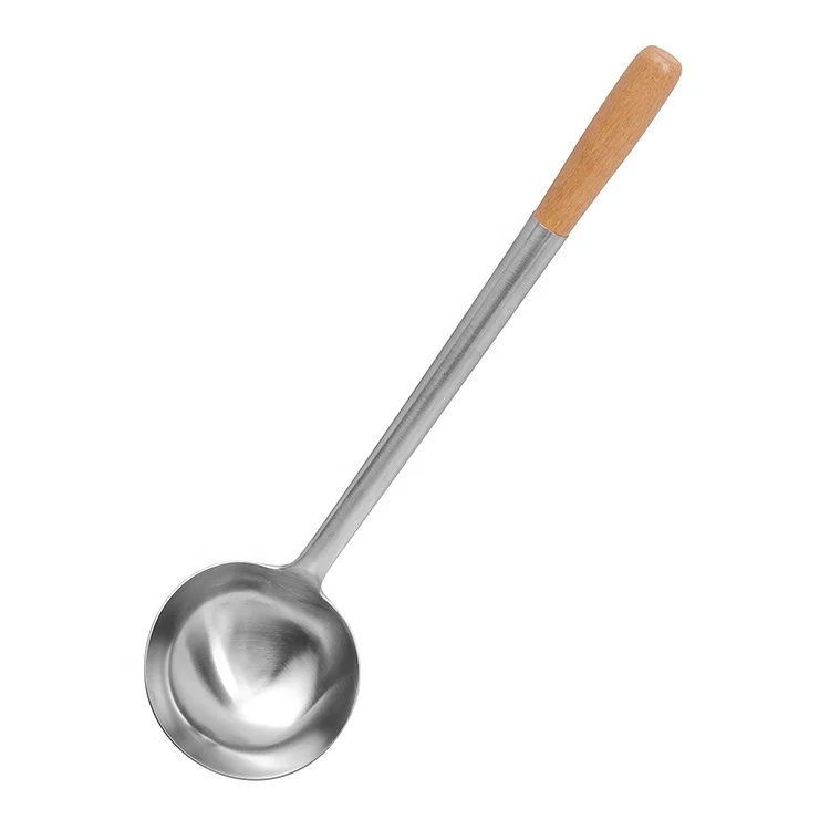 Cooking Utensil Soup Ladle Stainless Steel Food Ladle Stainless Steel Frying Spatula Wok Ladle Spatula With Wooden Handle