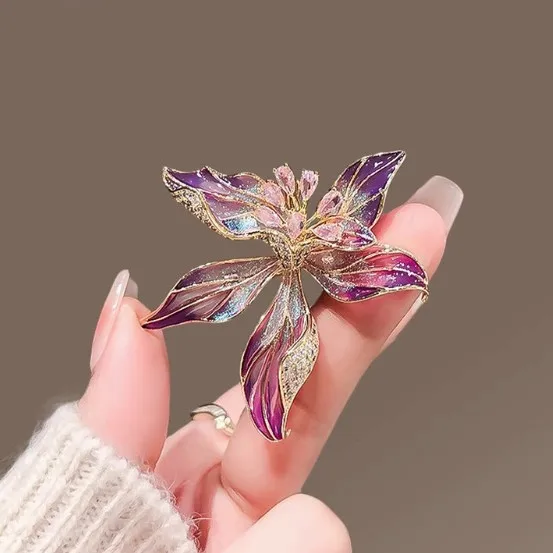 Luxury Brooch Pin Women Zircon Flower Exquisite Enamel Orchid Flower Brooch For Clothing