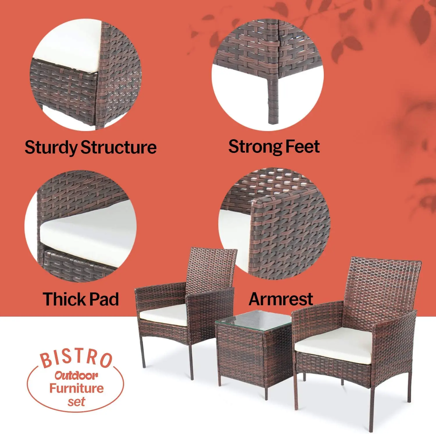 3 PCS Rattan Garden Furniture Set Outdoor Rattan Wicker Bistro Set with Coffee Table for Outdoor Patio Garden Backyard