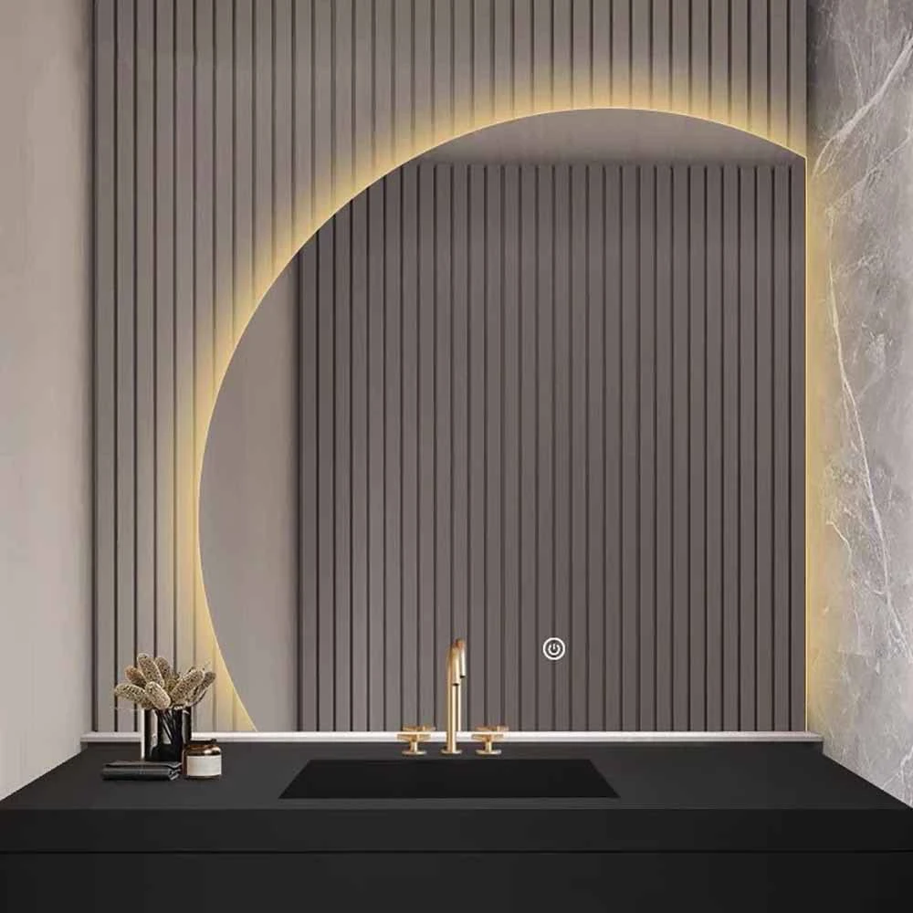 Vanity Luxury Frameless Hotel Salon Customized Half Moon Round Shape LED Dimmable Light Bathroom Mirror Dressing Mirror