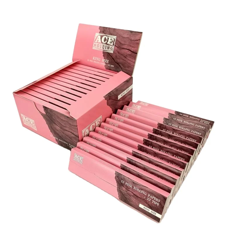 Wholesale Custom Hemp Rolling Paper 100% Natural Arabic Gum Unblenched Wood Pulp Pink Kingsize  Smoking Rolling Paper With Tips