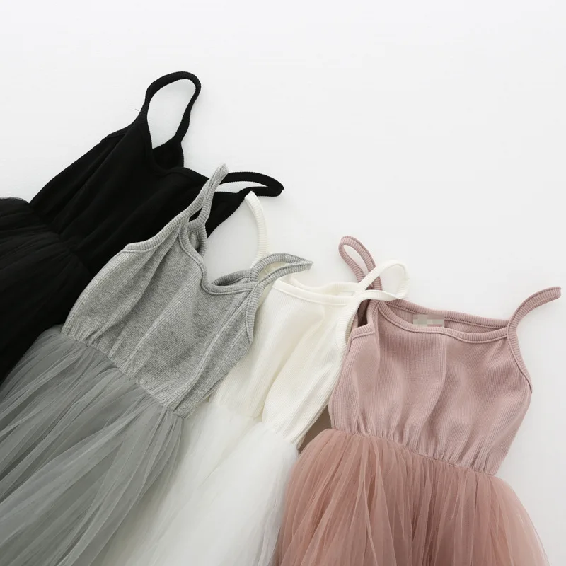 Toddler Baby Girls Tutu Dress Tulle Sundress Ribbed Top Layered Tulle Skirt Spaghetti Strap Dresses M3549