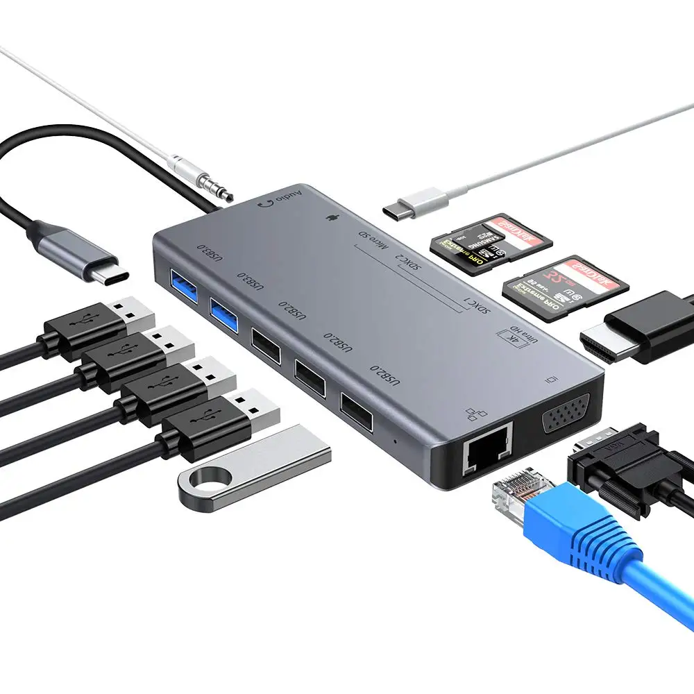 Горячая продажа 13 в 1 USB C Type адаптер для HD 4K VGA Ethernet PD зарядка usb-хаб сплиттер 3 0/2 0