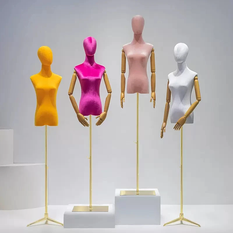 Window Clothing Fashion Female Half-Body Mannequins Dummy Models Woman Adult Velvet Dress Form Lady Mannequin with Wooden Arms