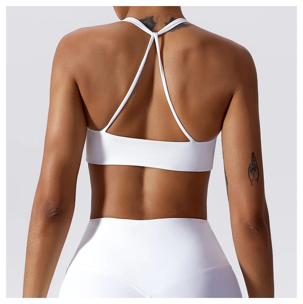Summer 2023 Backless Women Sports Bra Cross Back Gym Activewear Twist Front Crop Top Fitness Thin Strap Sports Bra