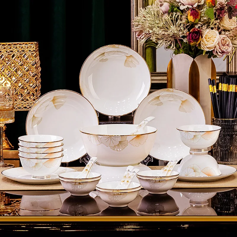 Ceramic tableware bowls plates dishes full set combination home light luxury style bone porcelain bowl tableware set