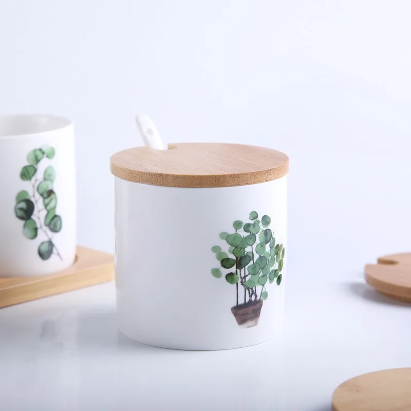 Custom Printing Airtight Ceramic Canister Food Storage Jar Kitchen Canisters with Bamboo Lids