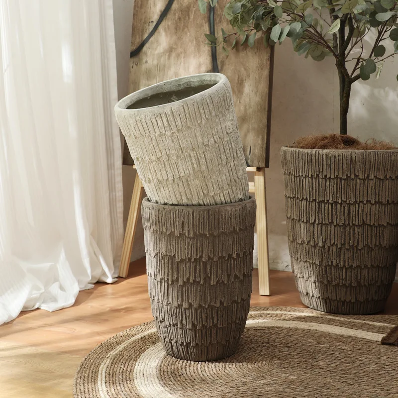 Home Hotel Decoration Garden Pots Leaf Wooden Flower Fibre Clay Pot Outdoor Floor Fibreglass Large Flower Plant Pots