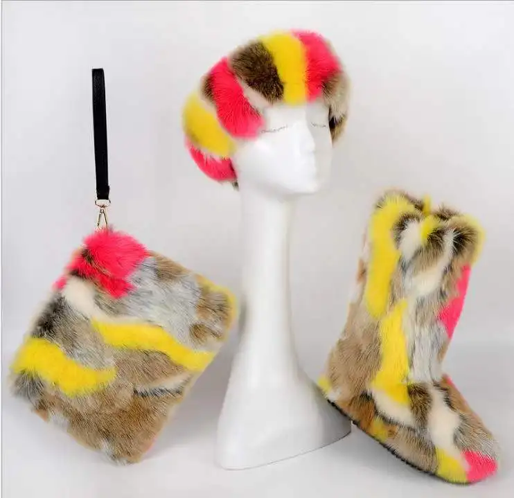 2020 new arrival women fur boots headbandand  bag sets  ladies faux fur winter boots with purse