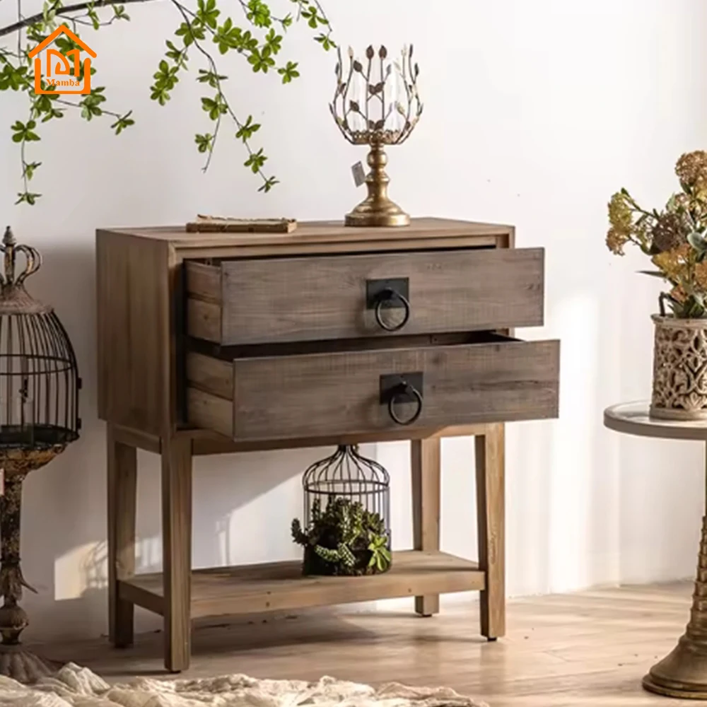 Traditional Solid Wood Small Chinese Drawer Cabinet Vintage Retro Bedside Table With Side End Solid Wood Hand Made Furniture