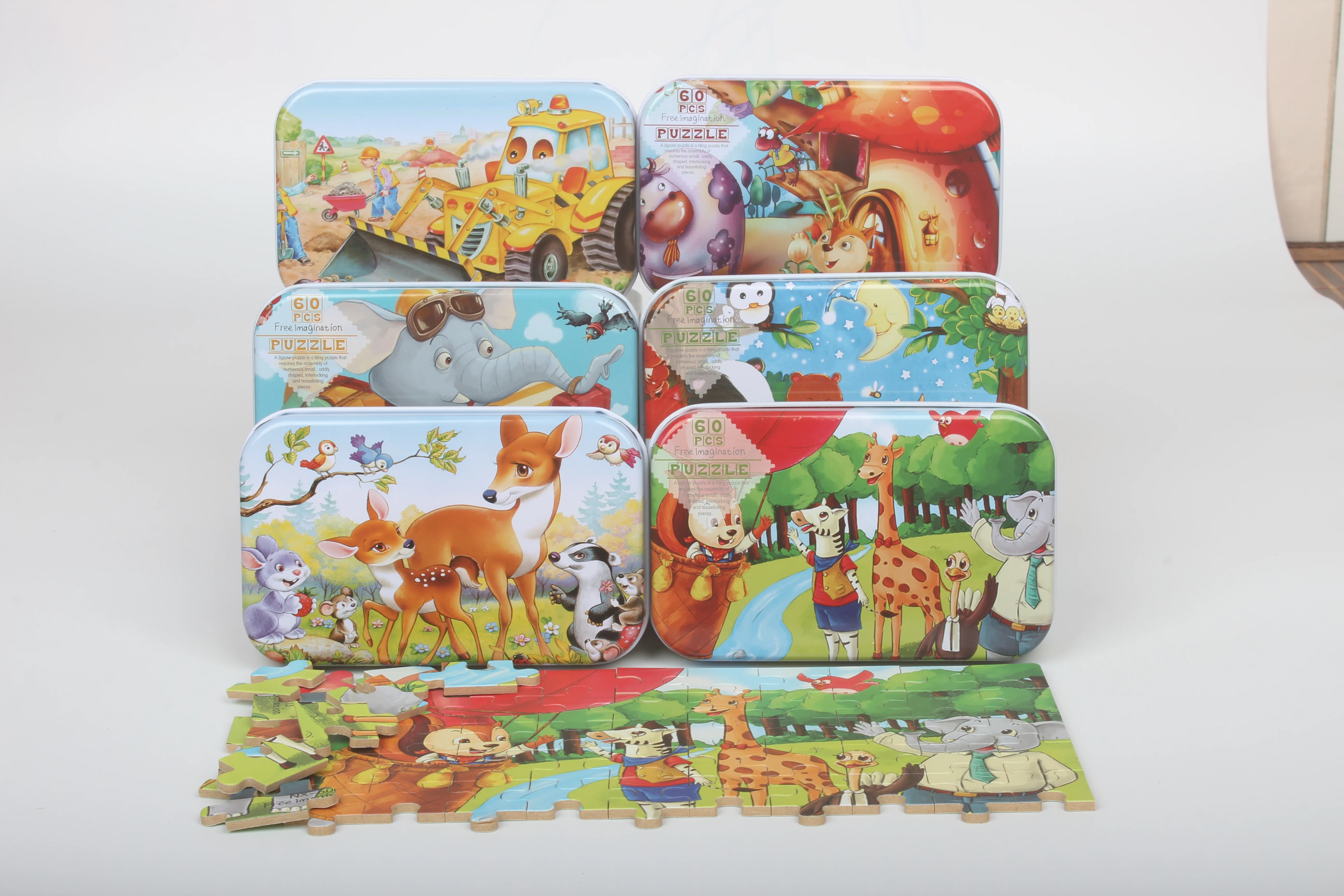 60PCS Wooden Jigsaw Iron Box Set Cartoon Characters Animal Early Educational Puzzle Toy