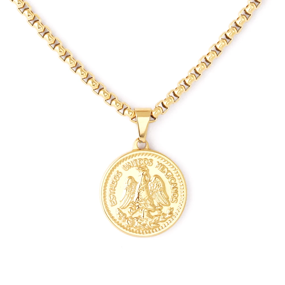 Vintage 3D Design 50 Peso Mexican Coin Pendant Gold Plated Stainless Steel Circle Coin Pendant Necklace