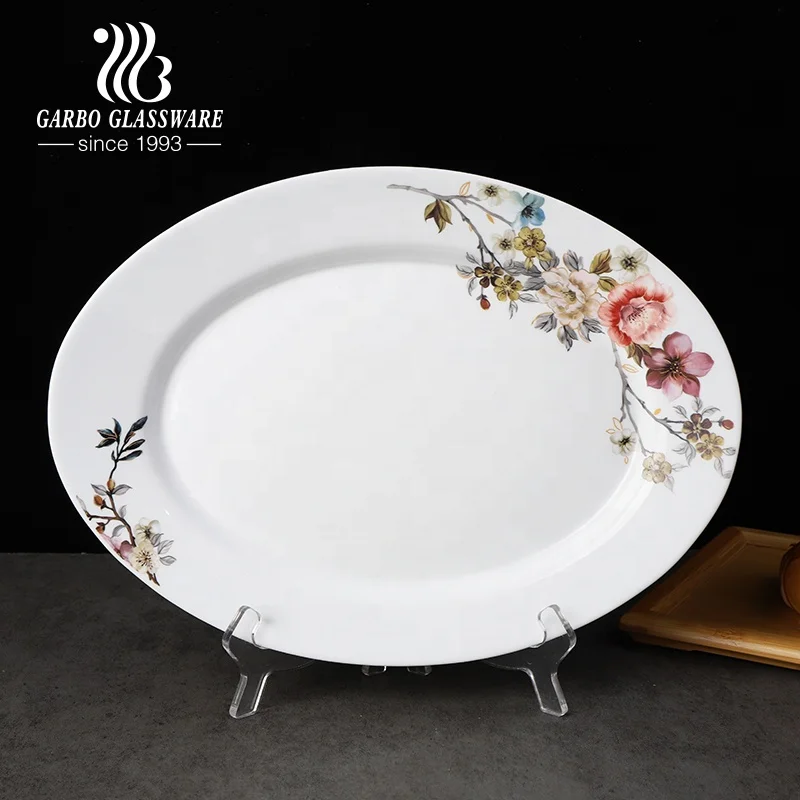 Opal glass 12inch 14inch oval shape glass plate oven microwave safe flower decal opal glassware fish plate for home restaurant