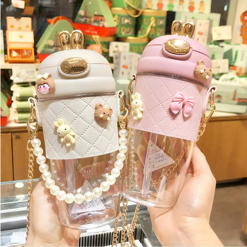380ml 580ml cute rabbit ear Plastic water bottle Cup ins girl kids portable plastic bottle with straw pearls metal chain strap