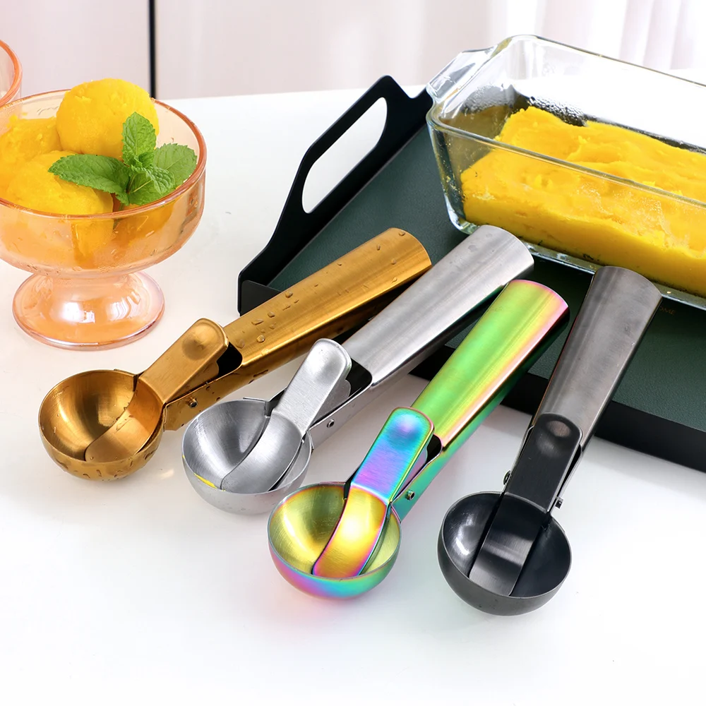 High quality kitchen accessories ice bucket tools Stainless steel snowball potato ice cream spoon Scoop with Trigger