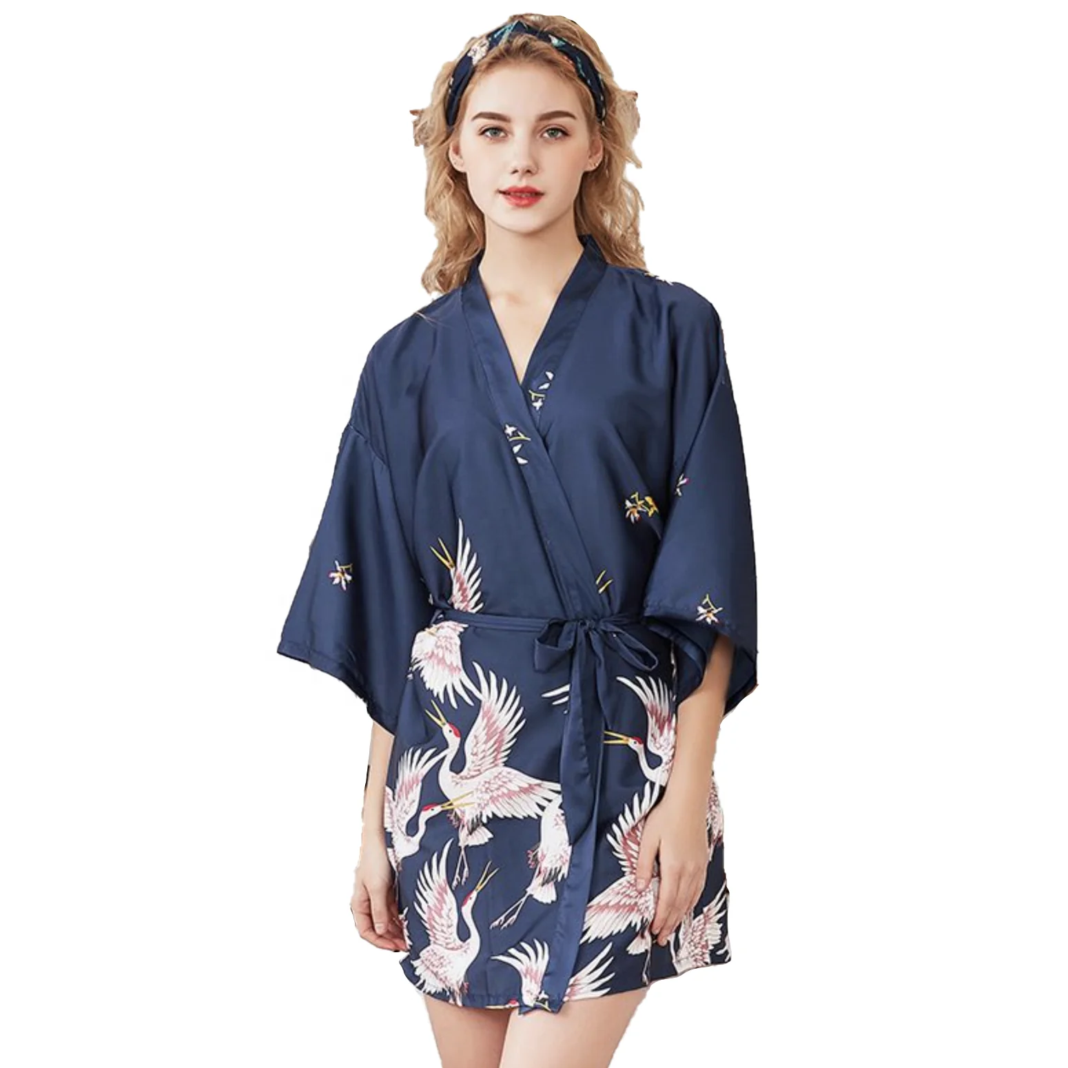 2022 Hot Sell Sexy Short Wedding Romper Sleepwear Bridesmaid Kimono Robes Pajamas Crane Printed Silk Satin Robes Women