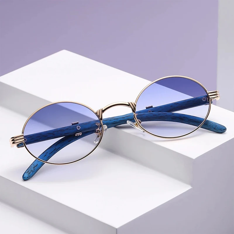 retro style metal sunglasses women round male gold steampunk small frame oval glasses for men brown blue wood pattern uv400