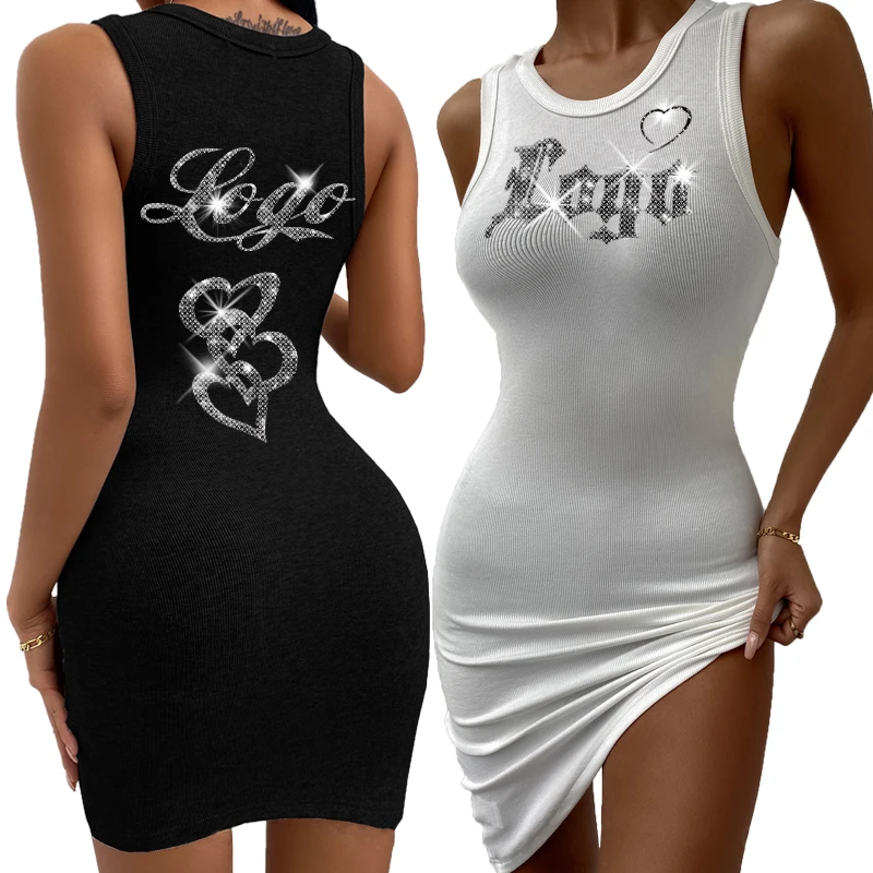 2024 summer women dress sexy bodycon custom rhinestone embroidery logo crop top party ladies high stretch ribbed tank top dress