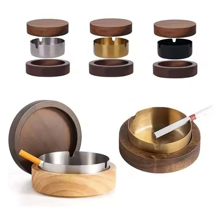 Windproof  Easy Clean Windproof Ashtrays for Cigarettes Ash Tray with Lid Portable Stainless Steel Wooden Ashtray With Lid