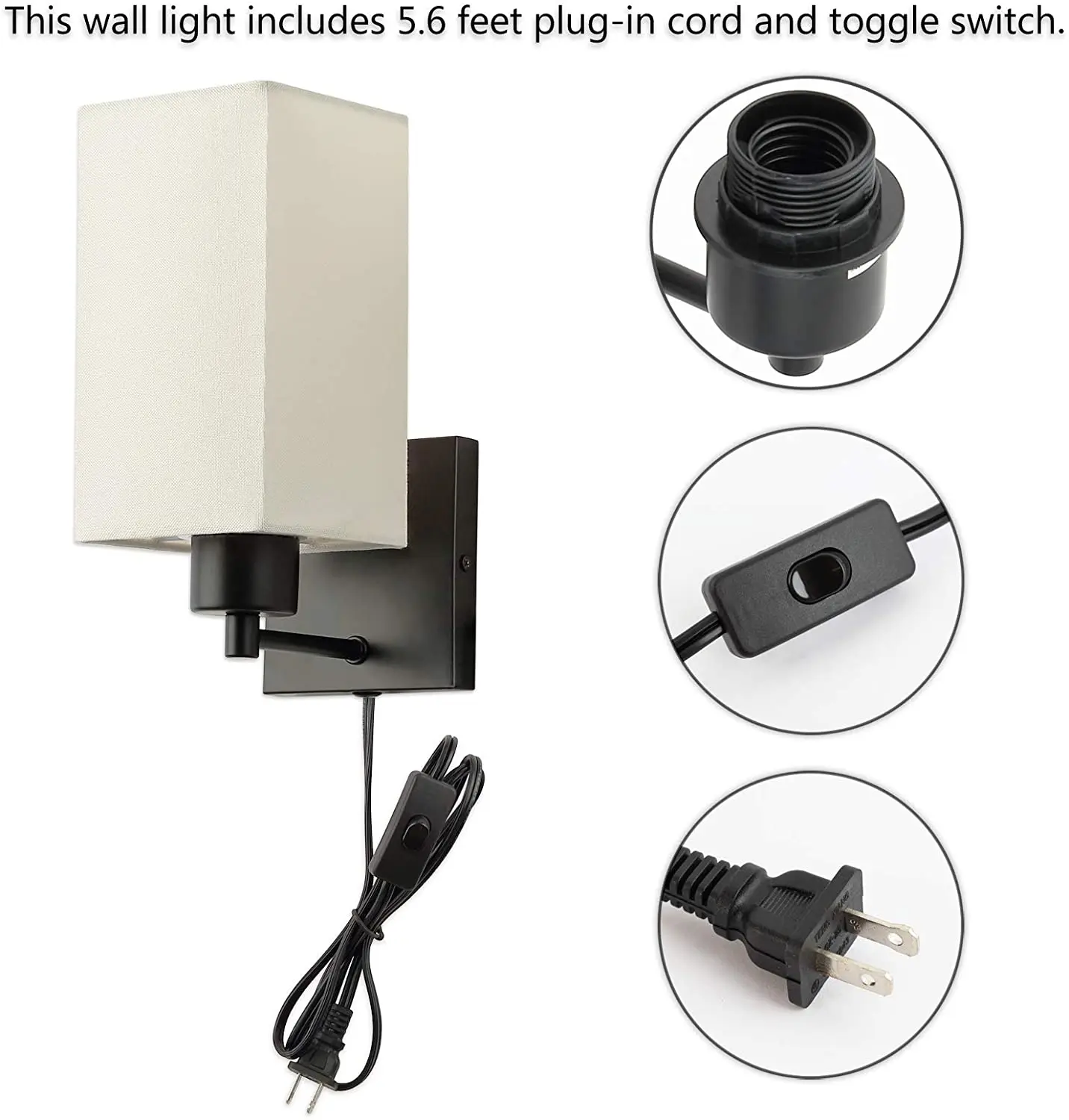 Wall Sconce Rustic Nordic Lamp with Plug-in Cord and On/Off Toggle Switch Beige Fabric Shade