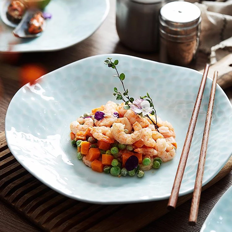 
10-inch Chinese ceramic irregular Light blue ceramic plate deep disc Western Tableware Food dish 