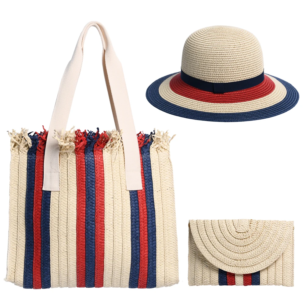 JAKIJAYI Women Beach Bags Summer 2020 Straw with Macrame Straw Hat and Bag Set