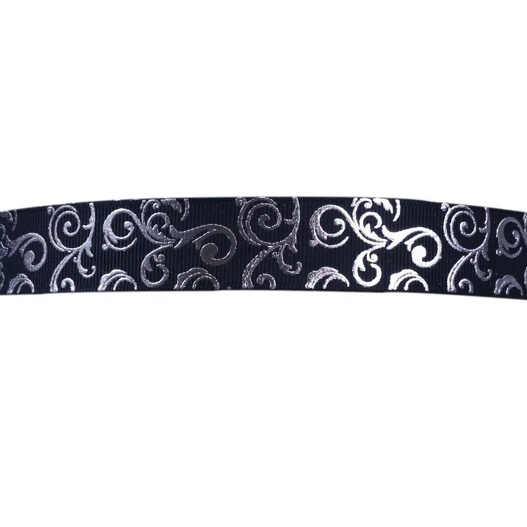Custom Ribbon Roll Decorative Gift Wrapping Printed Logo Flowers Sliver Foil Grosgrain Ribbon